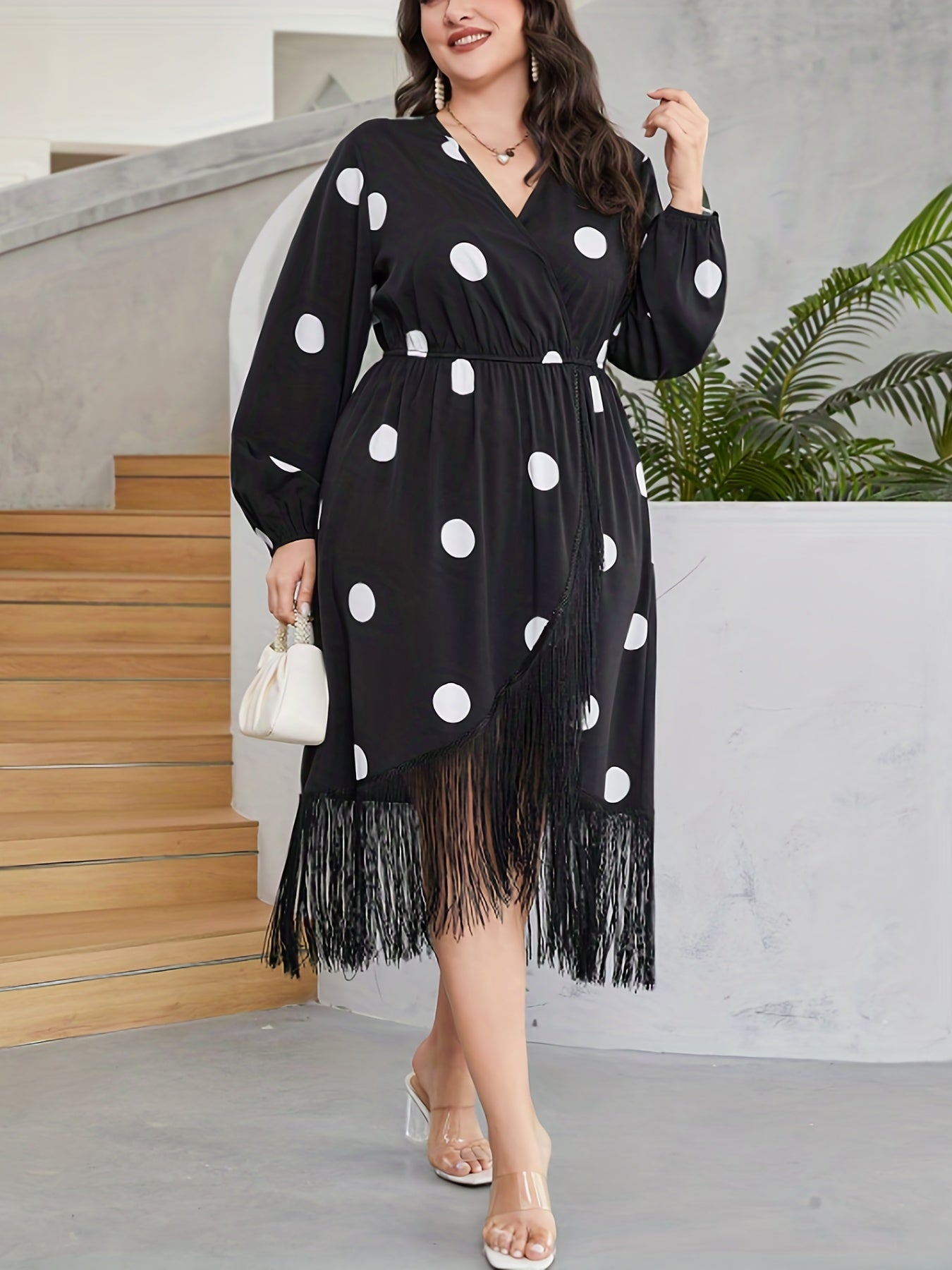  Dot Print Long Sleeve Wrap Dress