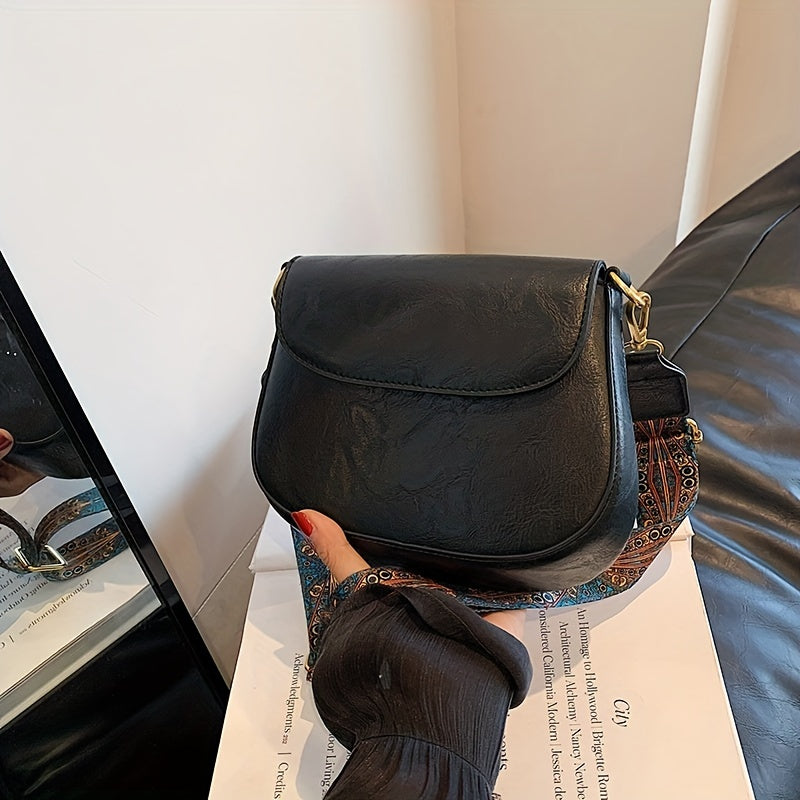 Vintage Solid Saddle Bag Minimalist Shoulder Bag Retro Pattern Strap