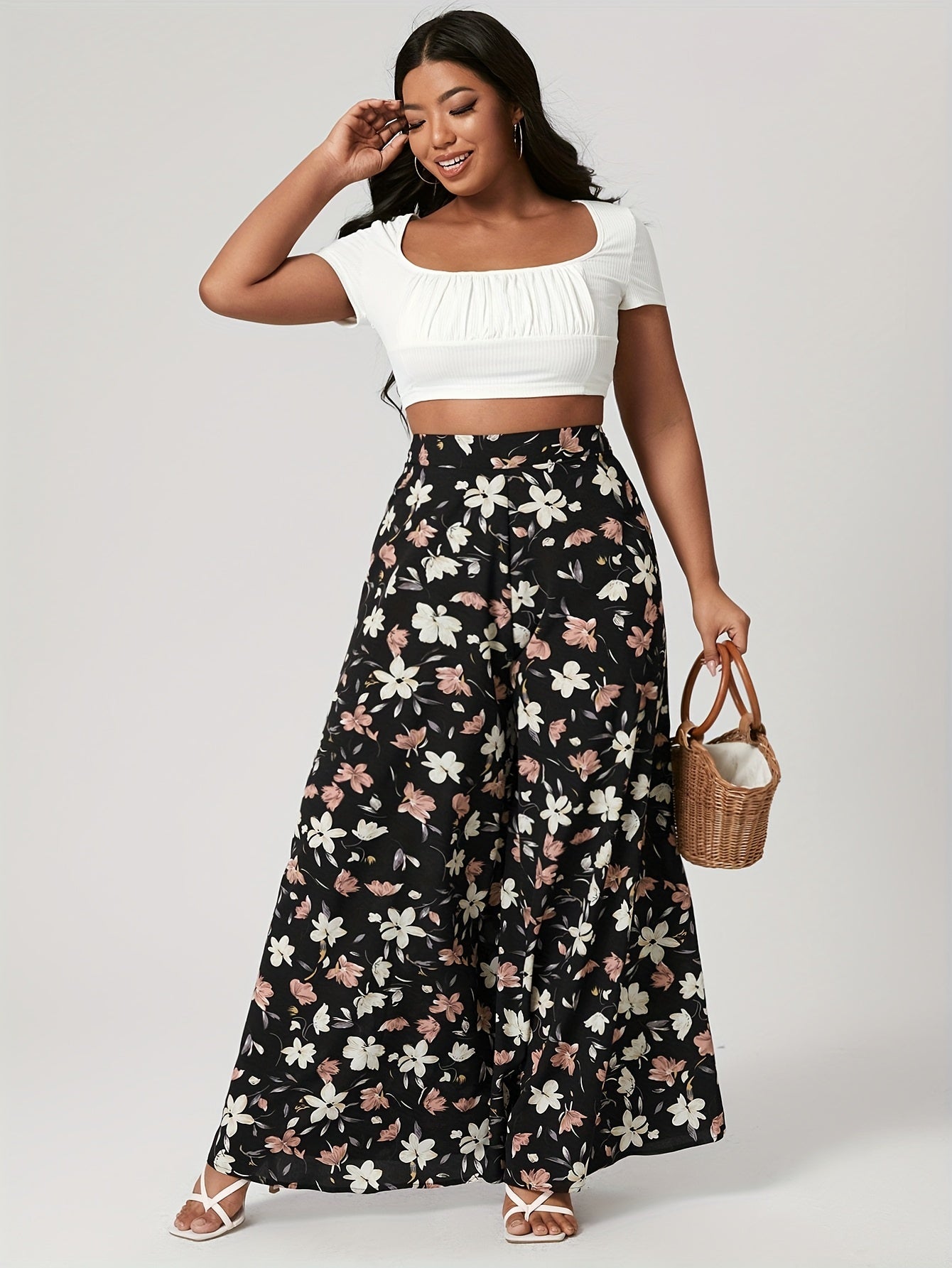  Boho Floral Print Wide Leg Trousers