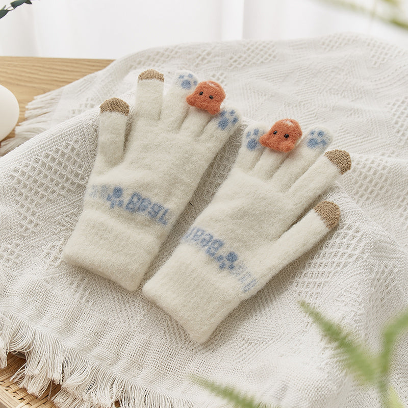 Nameless Bear Five Finger Gloves Plush Gloves for Women