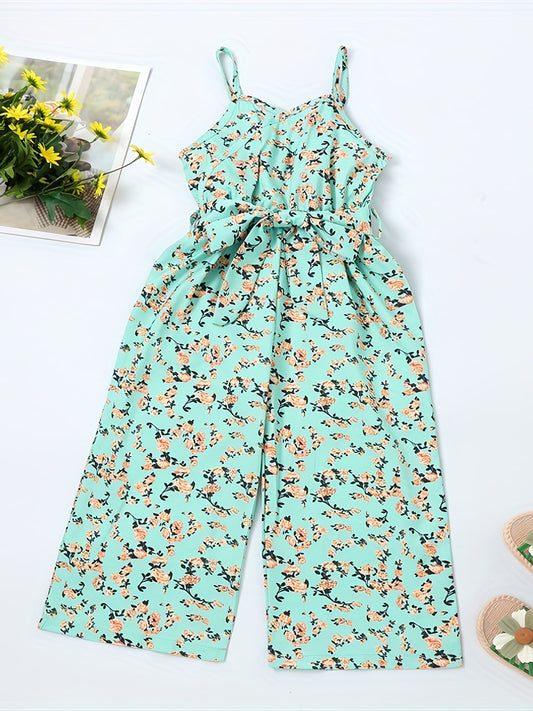 Girls Flower Print Suspender Romper Summer Beach Jumpsuit