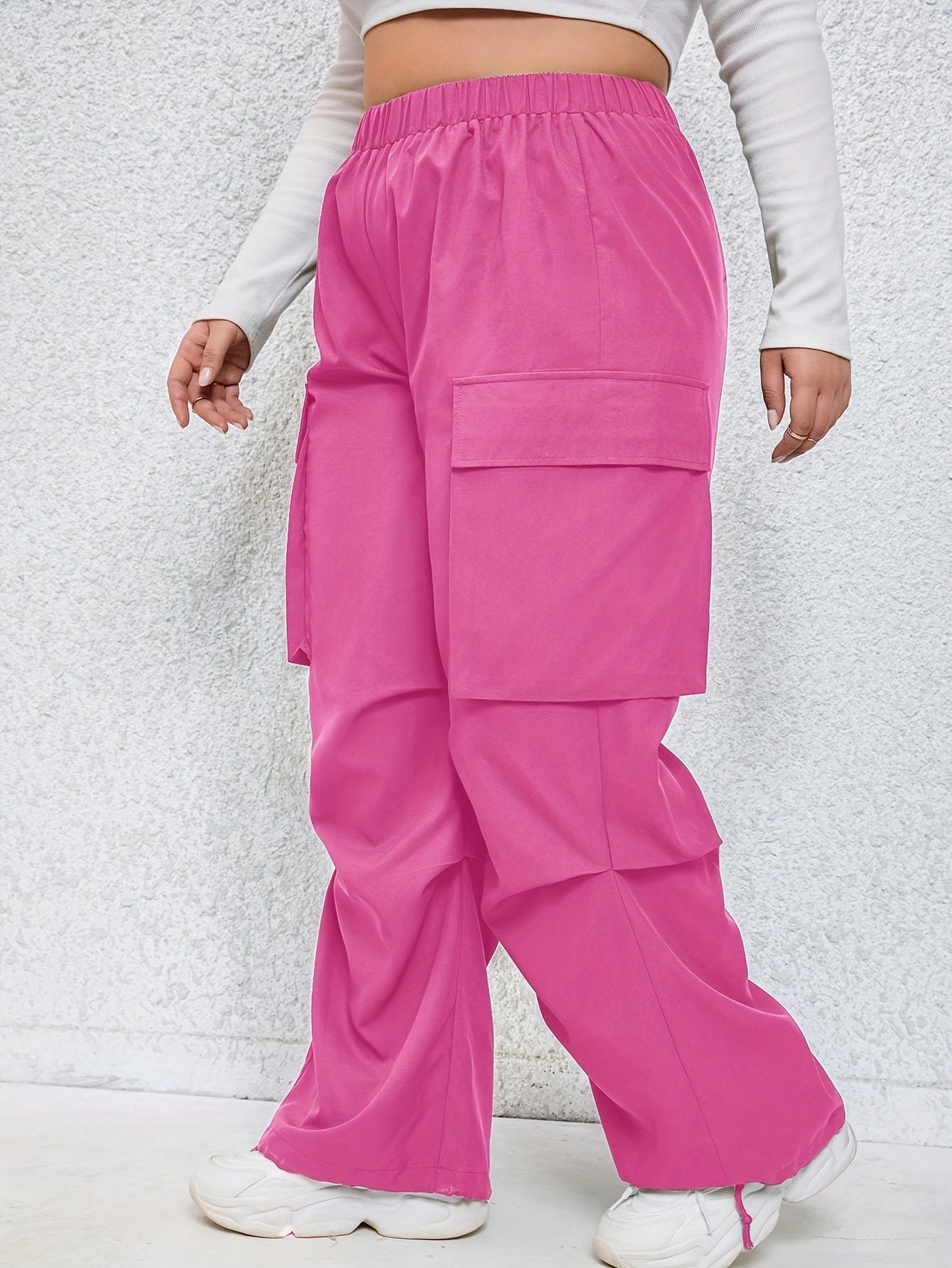  Solid High Rise Wide Leg Cargo Pants