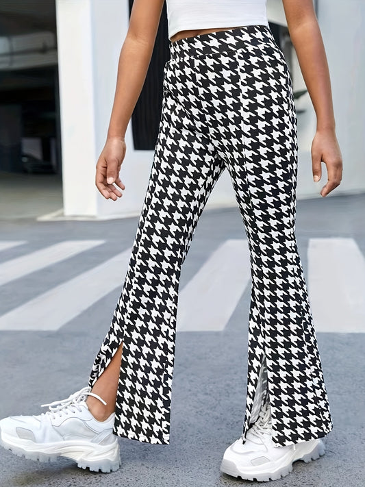 Houndstooth High Waist Side Split Pants for Streetwear