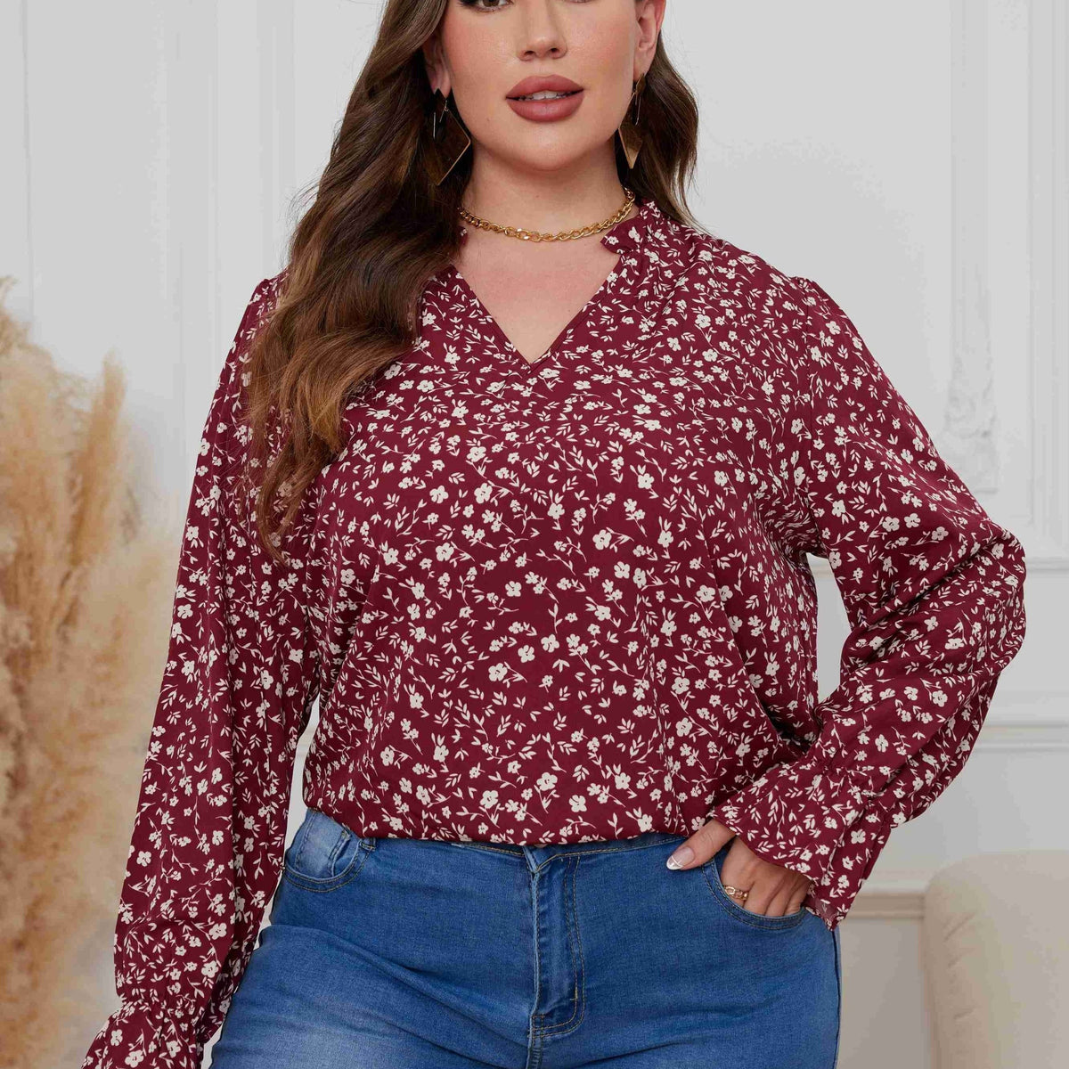  Casual Blouse Women's Plus Ditsy Print Lantern Sleeve V Neck Top