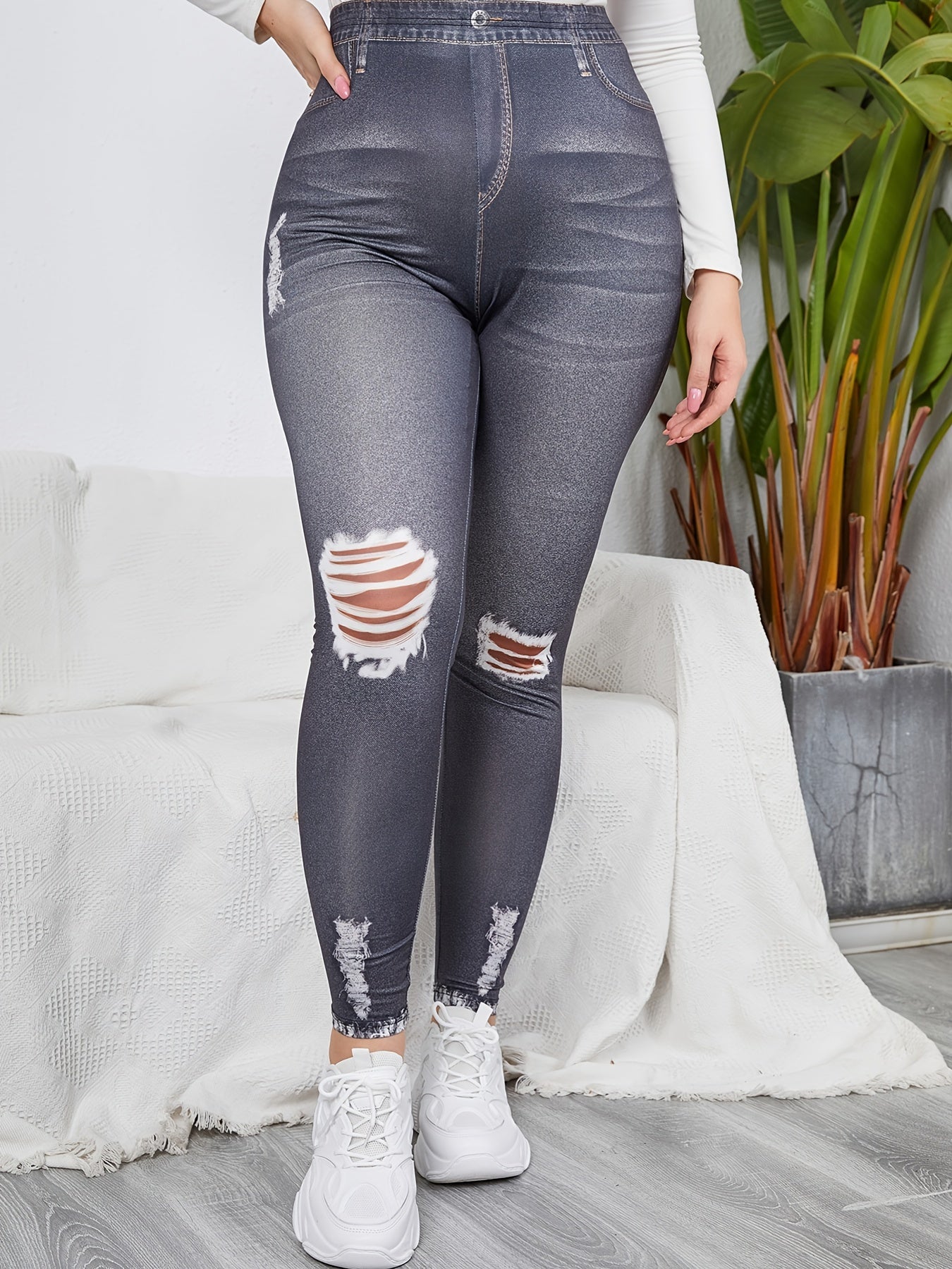  3D Denim Ripped Print Leggings Women's Plus High Rise Medium Stretch