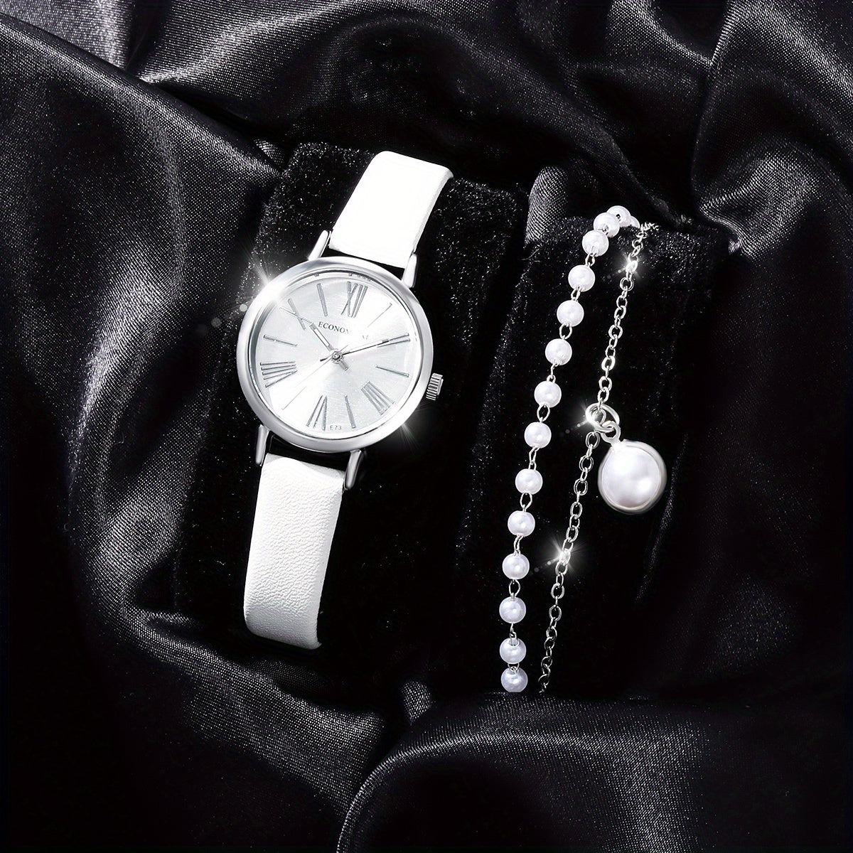 2pcs Student Number Roman Pointer Leather Quartz Watch Set