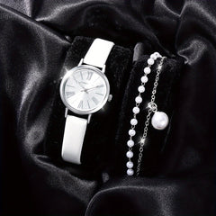 2pcs Student Number Roman Pointer Leather Quartz Watch Set