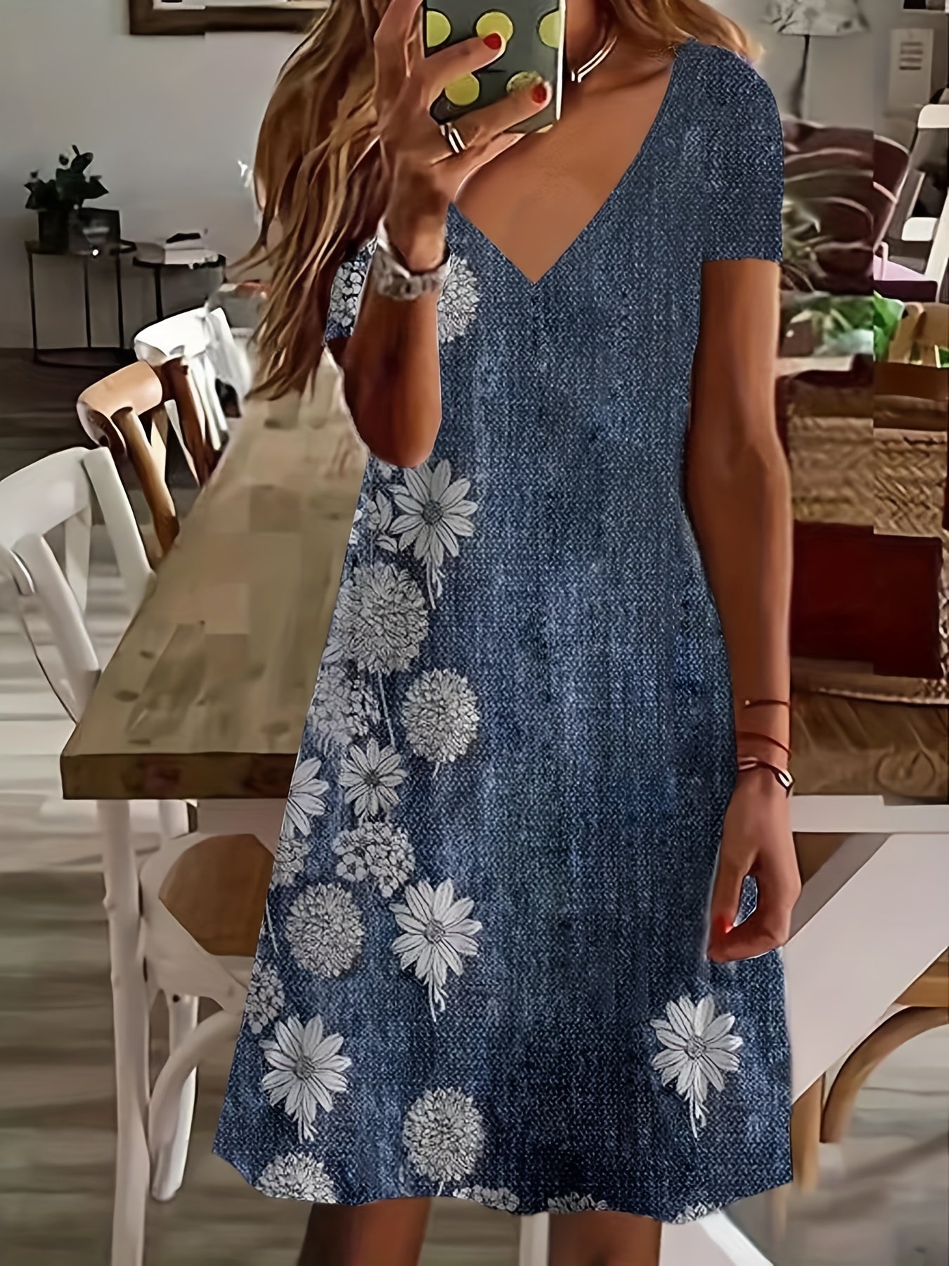  Stripe Print Short Sleeve V Neck Tee Dress