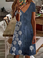  Stripe Print Short Sleeve V Neck Tee Dress