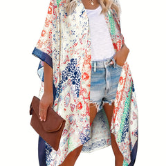  Scarf Print Batwing Sleeve Beach Kimono Cover Up