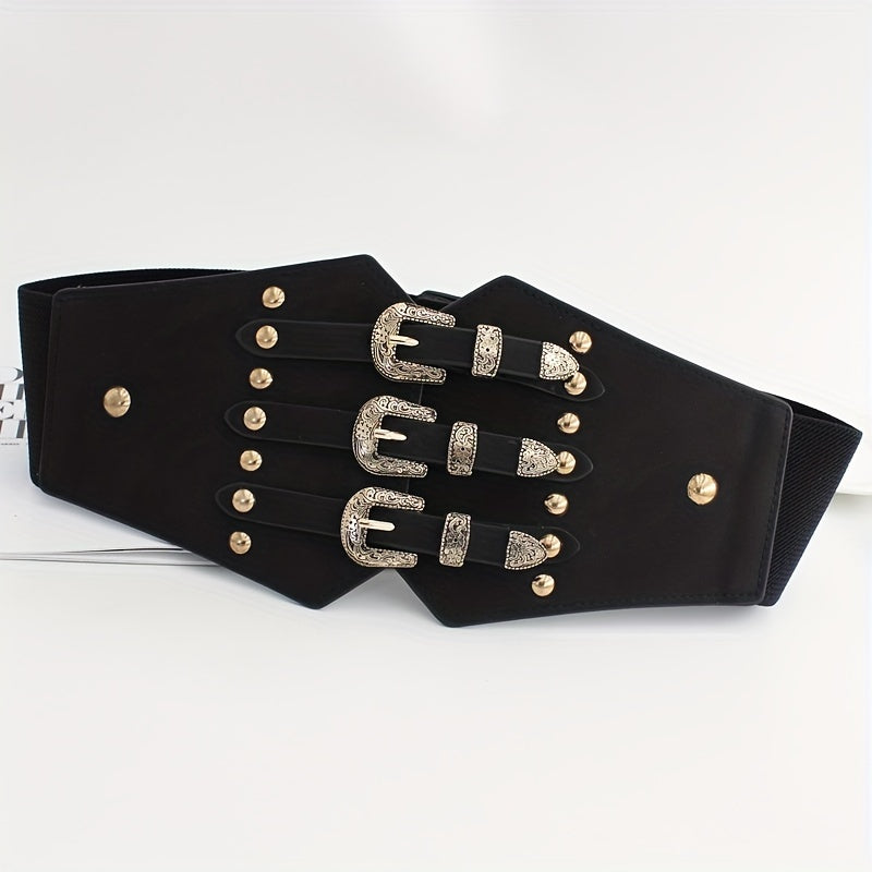 Wide Punk Elastic Waistband Rivet Belt
