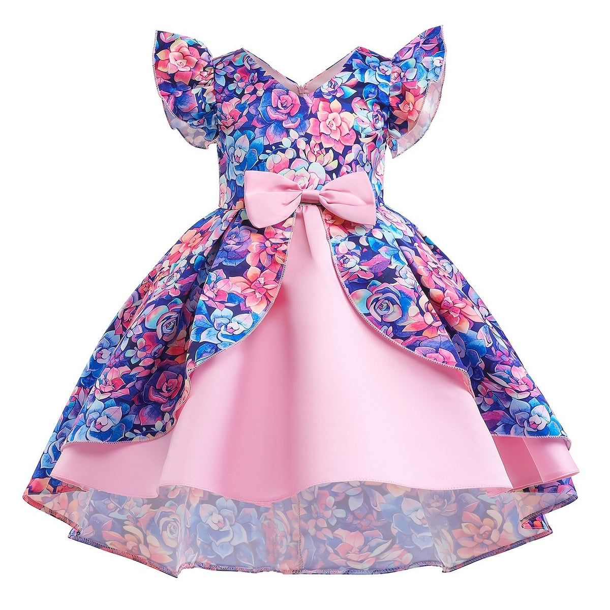 Girls Ruffled Sleeves Princess Dress Flowers Print Bow Decor