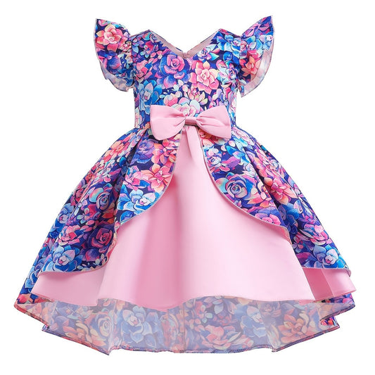 Girls Ruffled Sleeves Princess Dress Flowers Print Bow Decor
