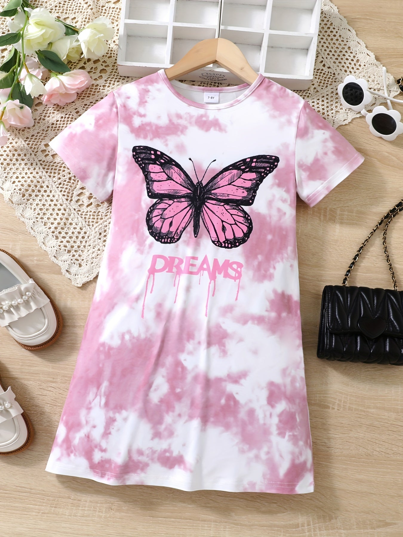 Girls Tie Dye Short Sleeve T Shirt Dress Loose Fit Comfortable Random Print
