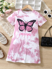 Girls Tie Dye Short Sleeve T Shirt Dress Loose Fit Comfortable Random Print