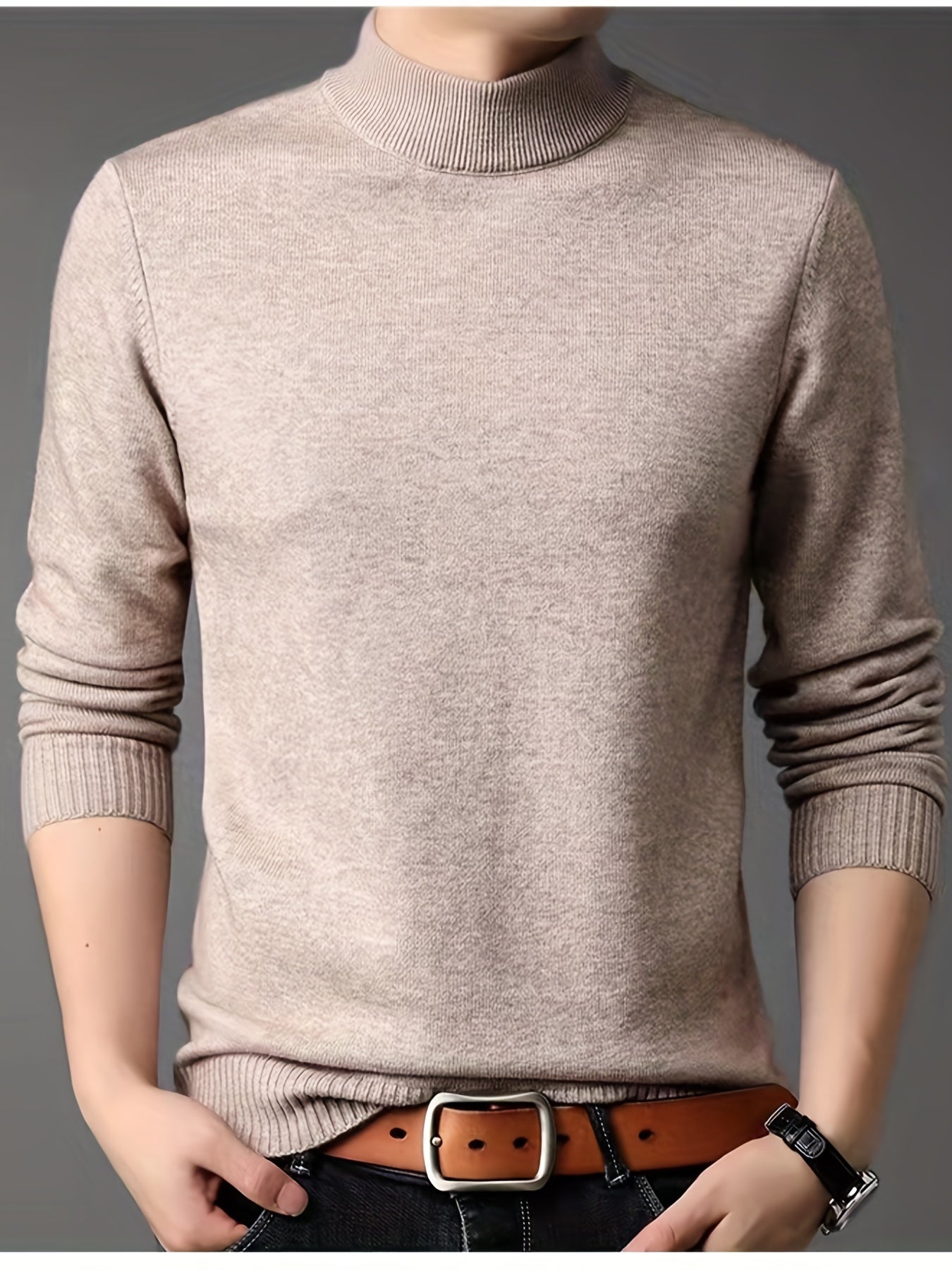 Men's Casual High Neck Knitted Sweater, Warm Wool Long Sleeve Pullover