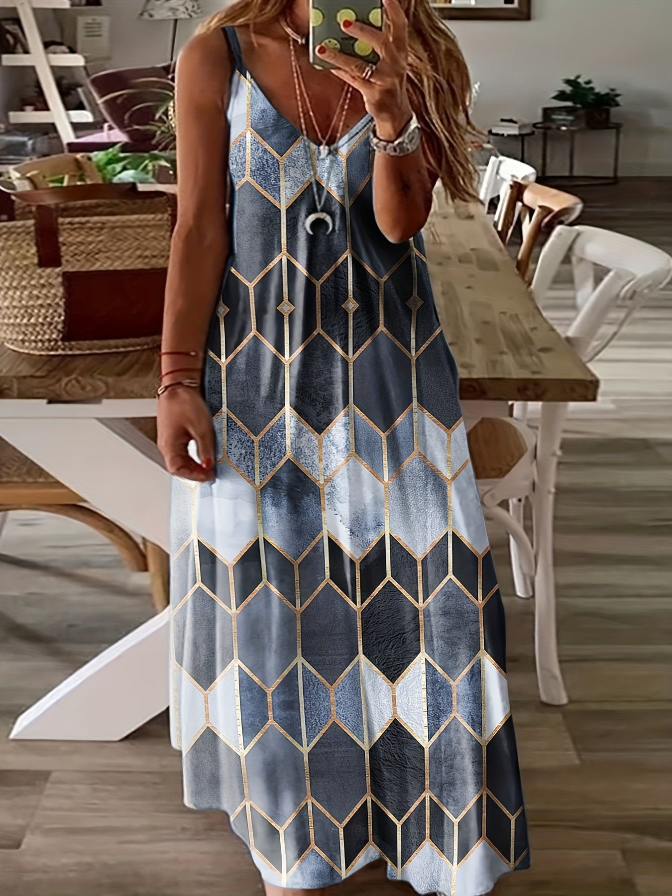  Geometric Print Cami Maxi Dress Spaghetti Strap V Neck Long Dress