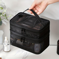 Portable Mesh Double Layer Cosmetics Bag - Large Capacity Toiletry Bag