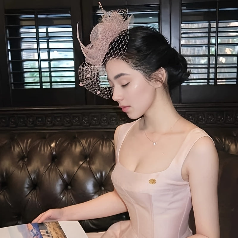 Vintage-Inspired Fascinator Headband with Mesh Veil and Flower