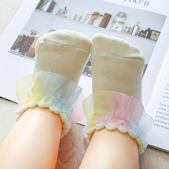 3pcs Colorful Lace Edge Baby Girl Socks, Comfy Princess Socks