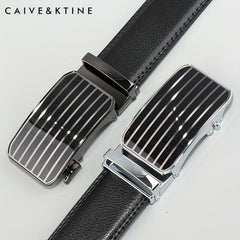 Caivektine Men's Cowhide Striped Business Belt Casual Belt
