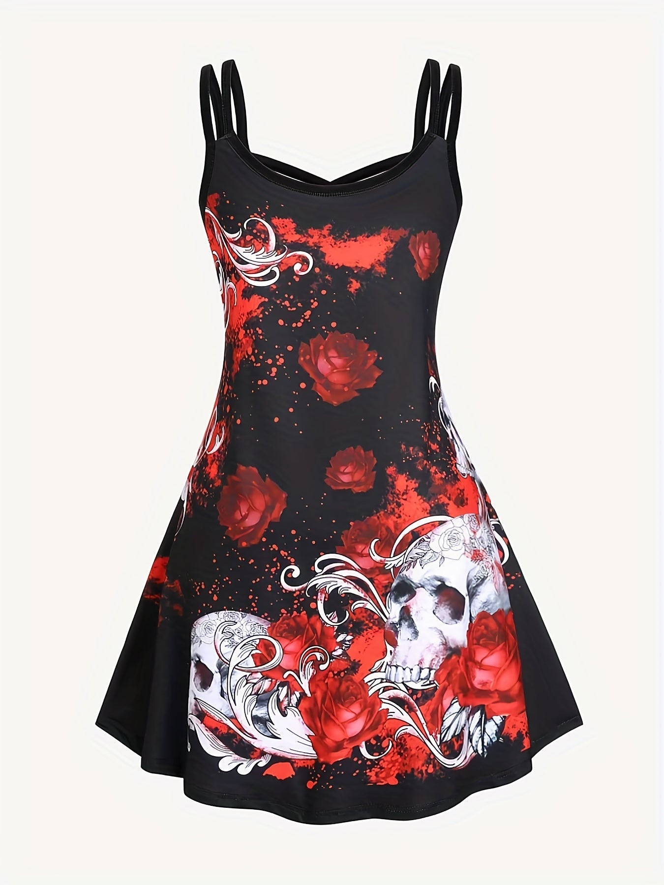 Skull Print Spaghetti Strap Dress Gothic Sleeveless V Neck Dress