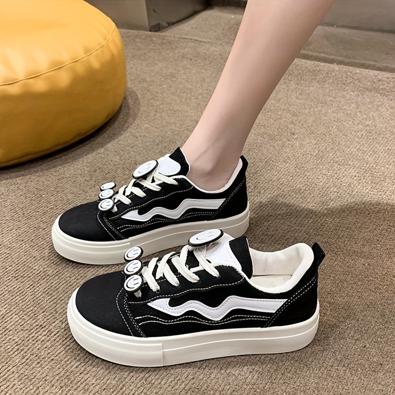 Women's Smile Decor Canvas Shoes Lace Up Low Top Sneakers