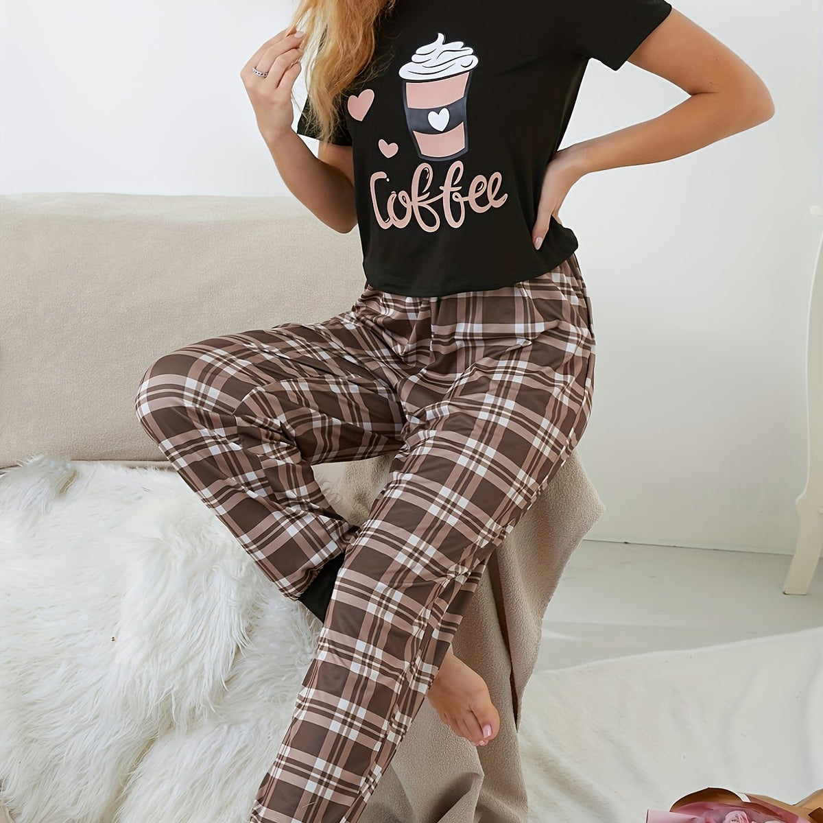 Coffee Print Pajamas Set Short Sleeve Tee Top And Pants Pj Set
