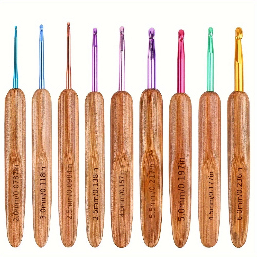 9pcs Crochet Hook Set Bamboo Handle Aluminum Knitting Needle Yarn DIY Tool