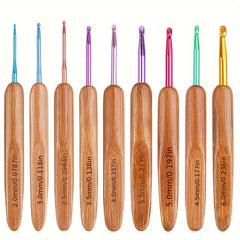 9pcs Crochet Hook Set Bamboo Handle Aluminum Knitting Needle Yarn DIY Tool