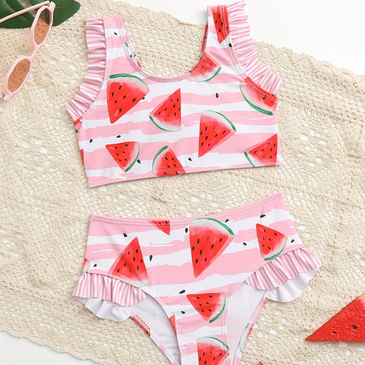 Toddler Girls Watermelon & Stripe Ruffle Bikini Tankini Swimsuit