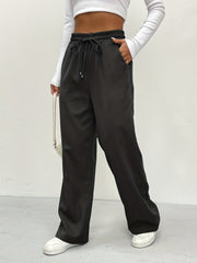 Solid Drawstring Pants Casual Wide Leg Elastic Waist Pants Women's Clothing