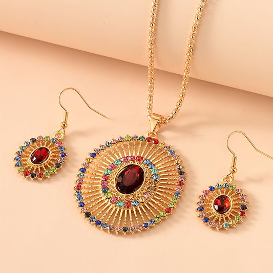 Sun Ray Pendant Necklace & Earrings Set Inlaid Gems Gift