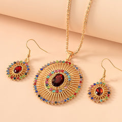 Sun Ray Pendant Necklace & Earrings Set Inlaid Gems Gift
