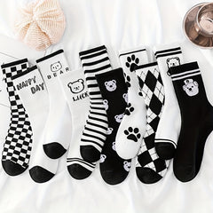 5 Pairs Bear & Plaid Print Socks Mid Tube Women's Stockings