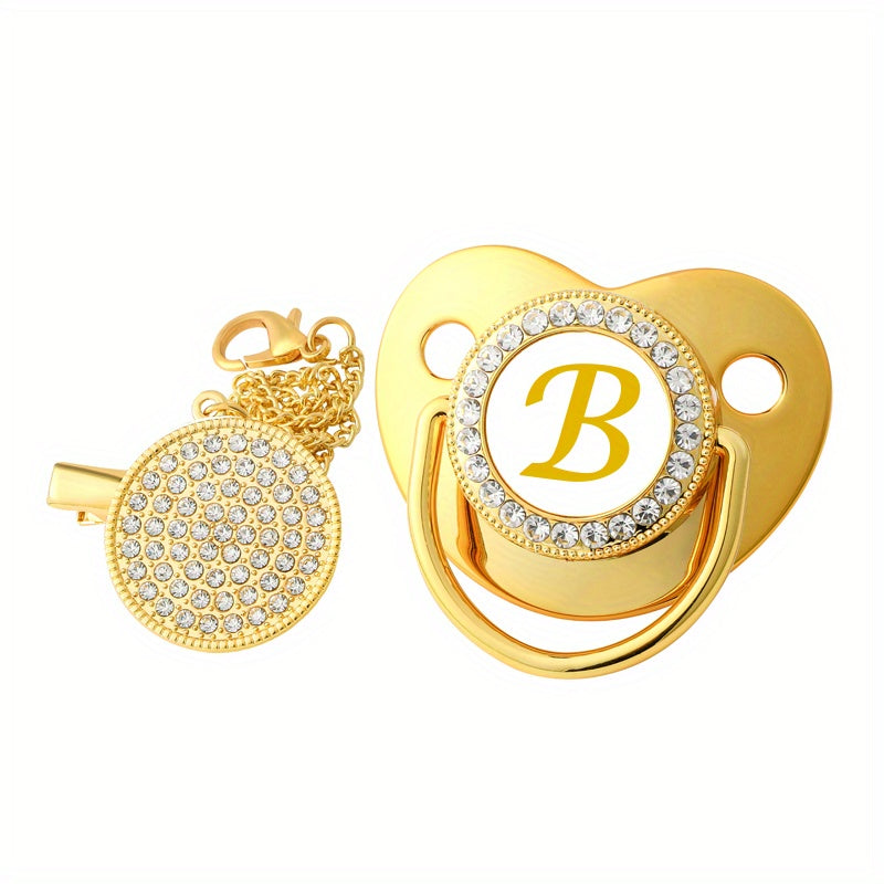 Initials Bling Pacifier Rhinestone Soother Dummy With Metal Clip