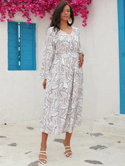  Allover Print Long Sleeve V Neck Maxi Dress With Tassel