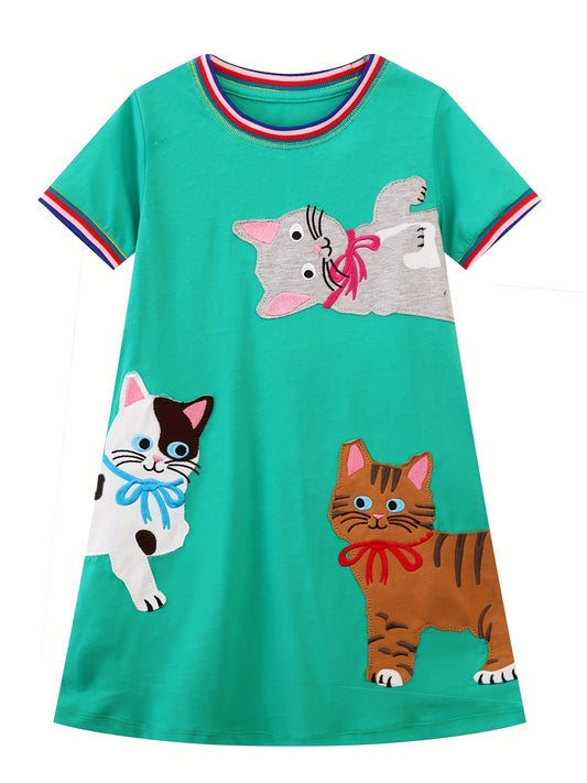 Toddler Girls Cartoon Cat Embroidery Cotton Casual Dress