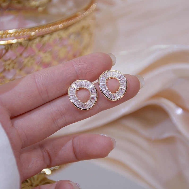 Geometric Crystal Hollow Circle Stud Earrings - Fine Jewelry for Women