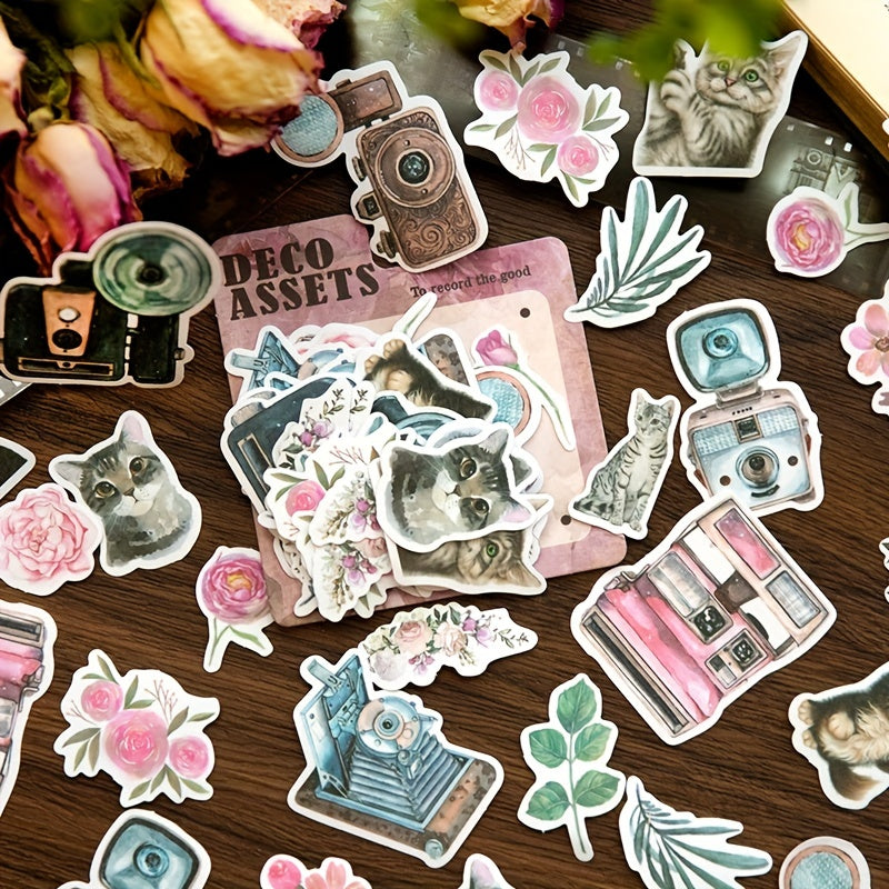 40pcs Vintage Plant & Flower Cat Stickers for DIY Crafts