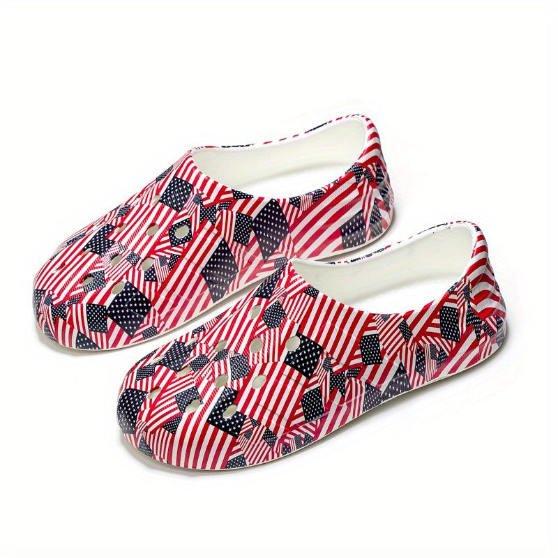 Men's Star & Stripe Print Hollow Out Closed Toe Clog Beach Sandals