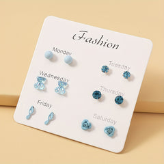 6 Pairs Ladies Bear Flower Music Symbol Stud Earrings Set