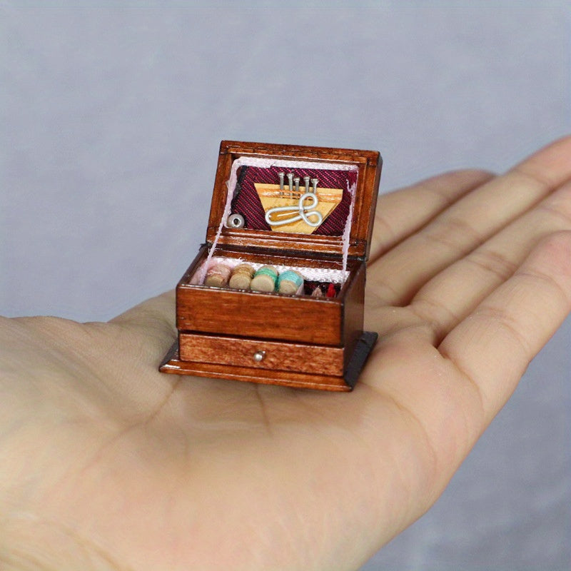 Vintage Sewing Kit Box Wooden Needlework Scissors Buttons Threads