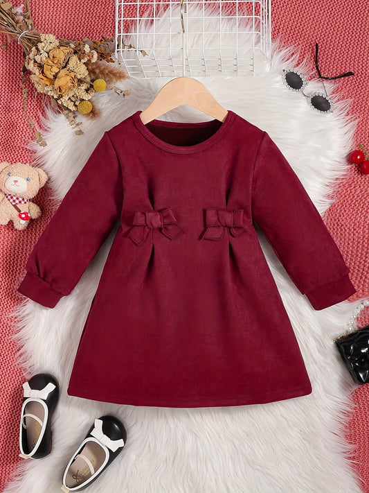 Cute Bow Front Ruched Long Sleeve Dress for Girls