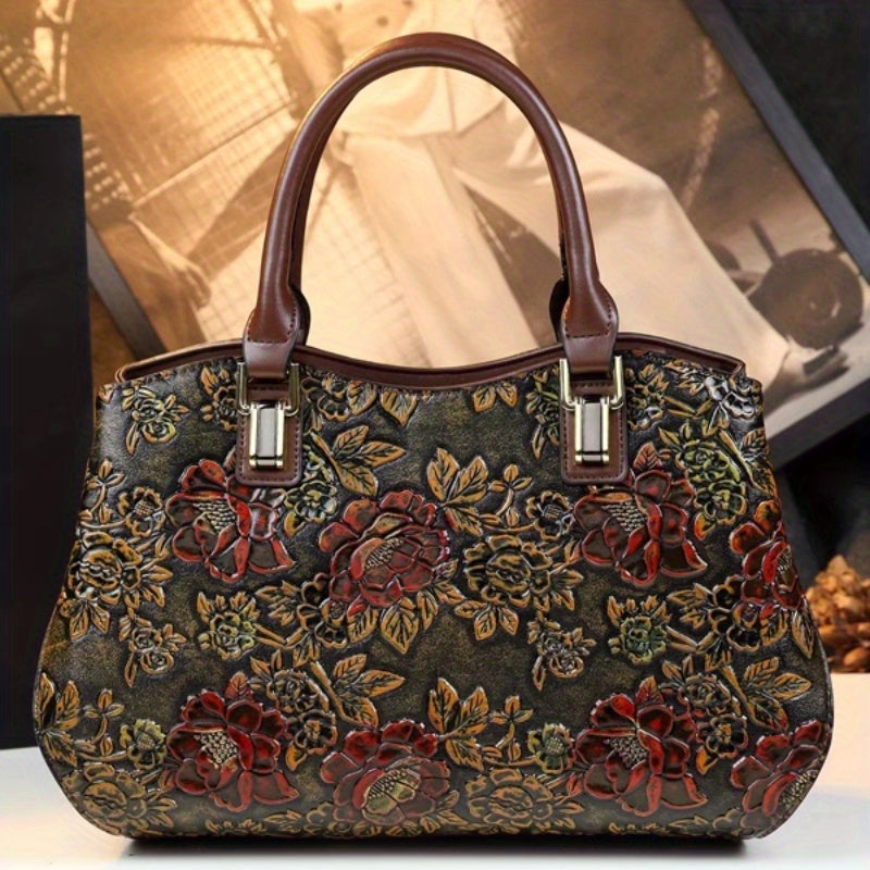 Vintage Floral Handbag w/Removable Strap Zipper Closure Polyester Lined