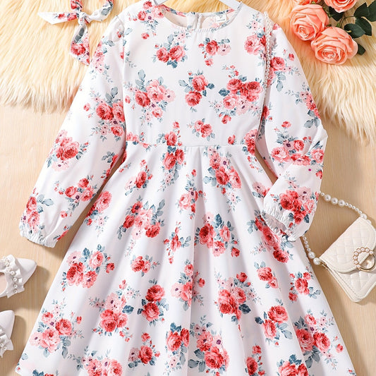 Girls' Floral Round Neck A-line Long Sleeve Dress