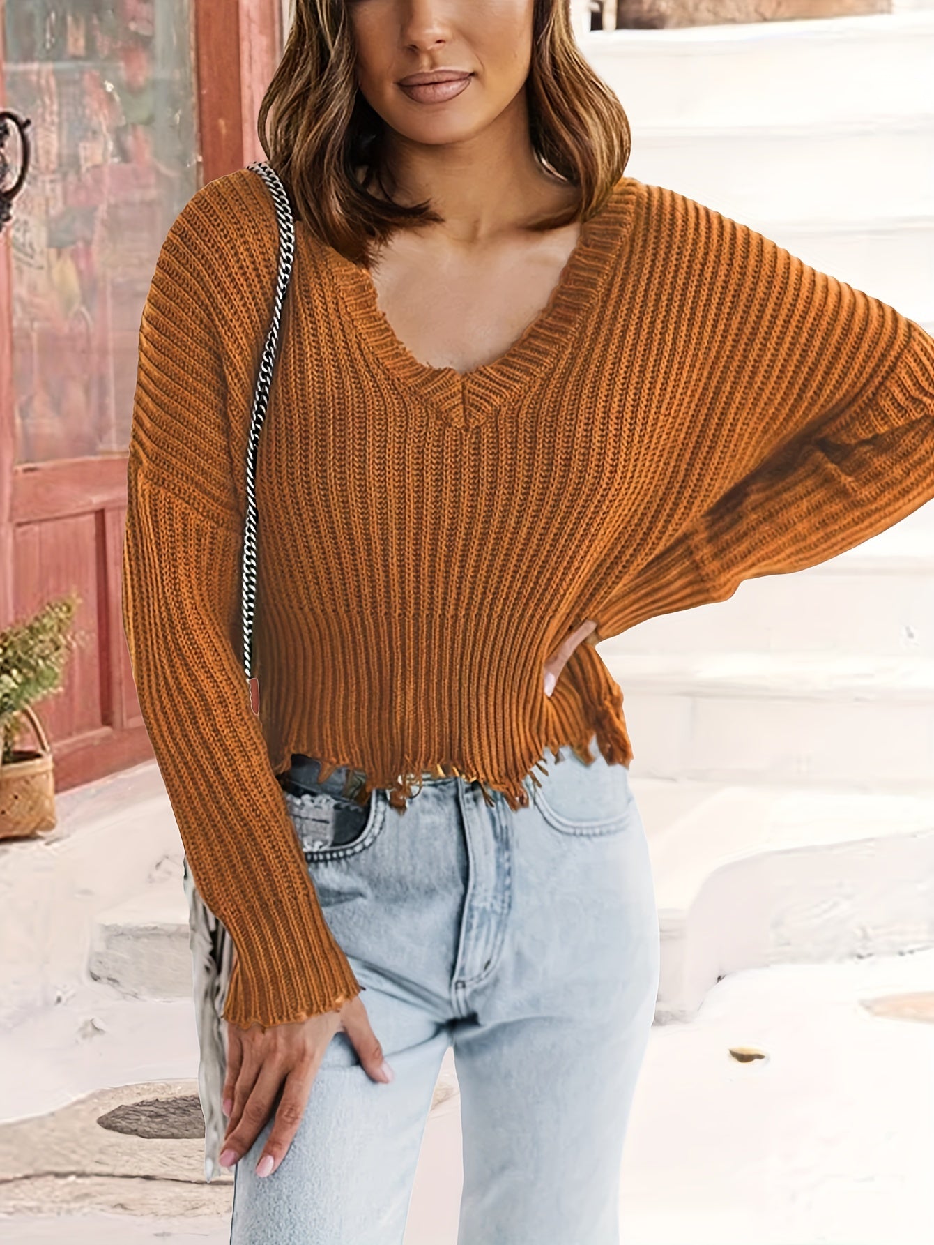  Solid Drop Shoulder V Neck Crop Sweater