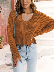  Solid Drop Shoulder V Neck Crop Sweater