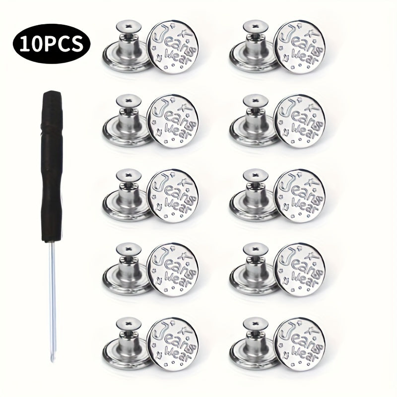 10pcs No Sewing Metal Jeans Buttons Kit 17mm Nailless Removable Jean Buttons