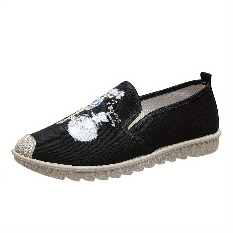 Women's Cartoon Print Flat Loafers Linen Slip On Canvas Shoes